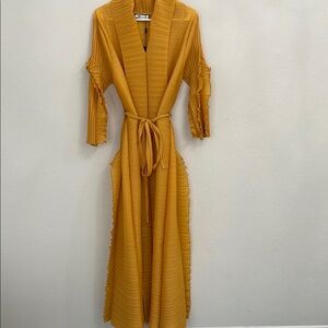 Mustard Pleated Wrap Maxi Dress with Tie Belt